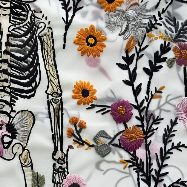 Photo a skeleton and flowers are on a white cloth