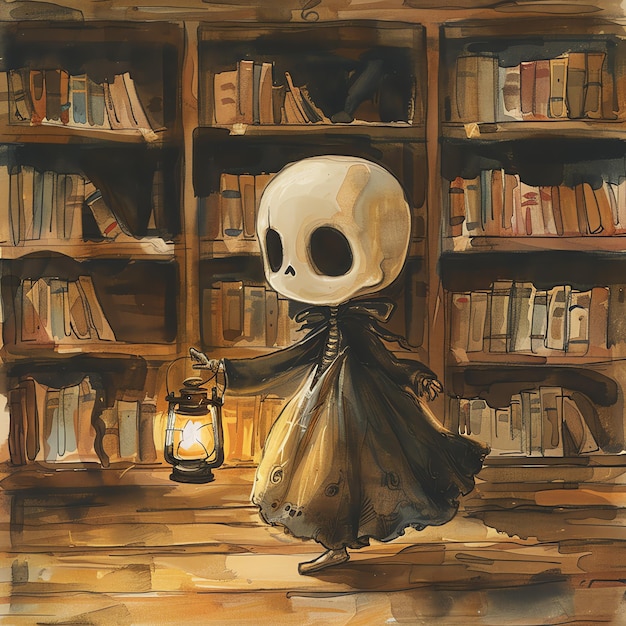 Photo skeleton in a flowing goth dress wandering through an old library with a lantern illustration for