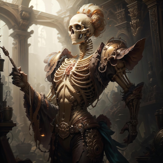 A skeleton in a gold dress stands in front of a pillar with a light on it.