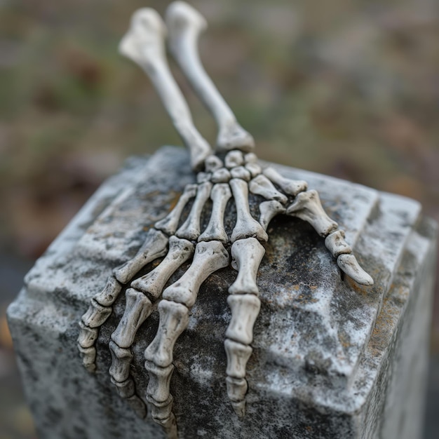 Photo skeleton hand emerging from grave epitaph text space