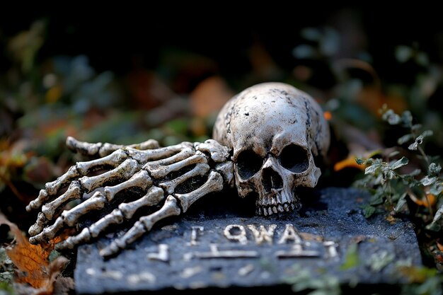 Photo a skeleton hand reaching out of a grave