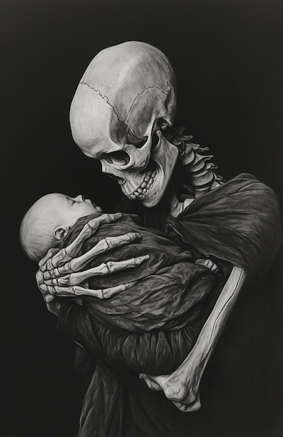 Photo a skeleton holding a baby in his arms