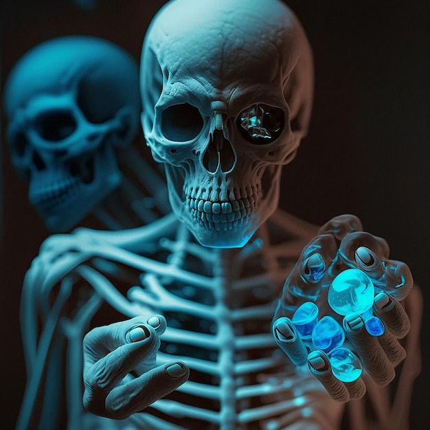 A skeleton holding a glass cube with blue gems in it.