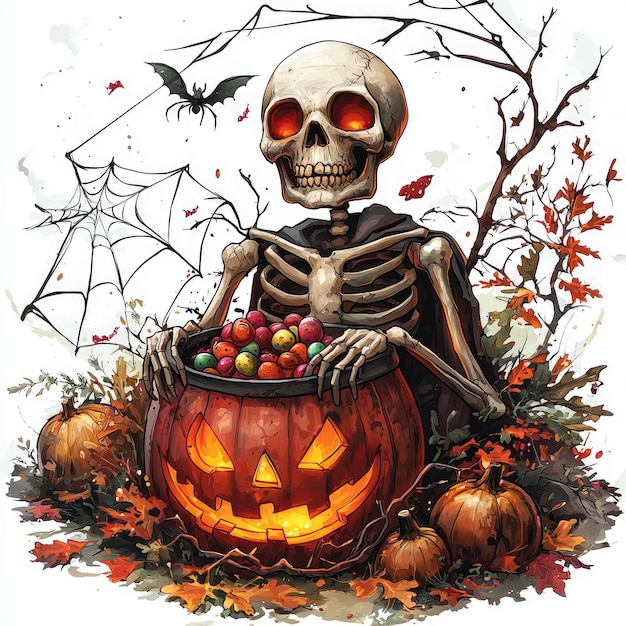 Skeleton Holding JackoLantern Full of Candy