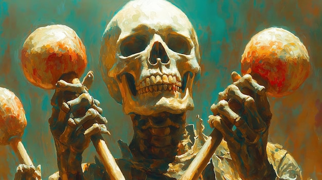 Skeleton Holding Maracas in Vibrant Art Style