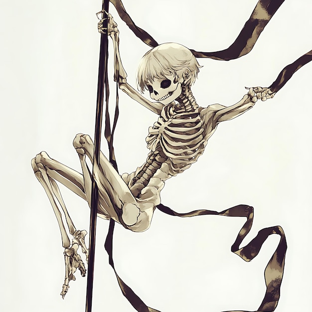 Skeleton Holding a Pole and Ribbon Artistic Illustration