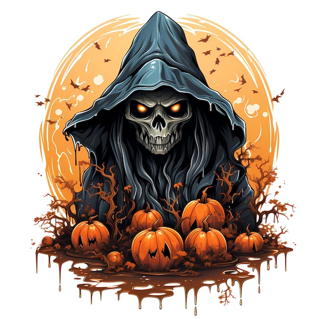 Skeleton in a hoodie with pumpkins in front of a full moon Generative AI