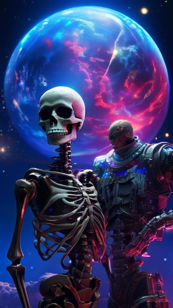 a skeleton and a human in a space with a planet in the background