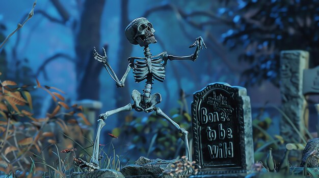 Photo a skeleton is dancing in a spooky graveyard with a tombstone that reads bone to be wild