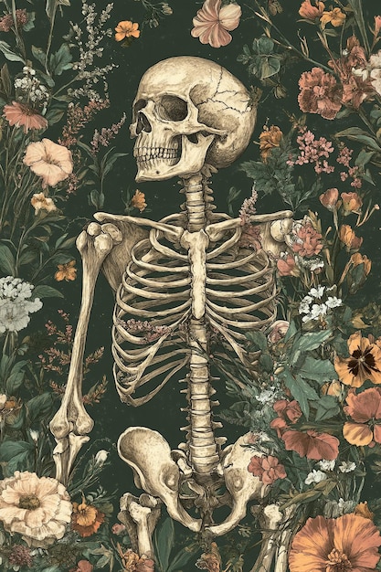 Photo a skeleton is depicted in a garden setting with flowers and leaves