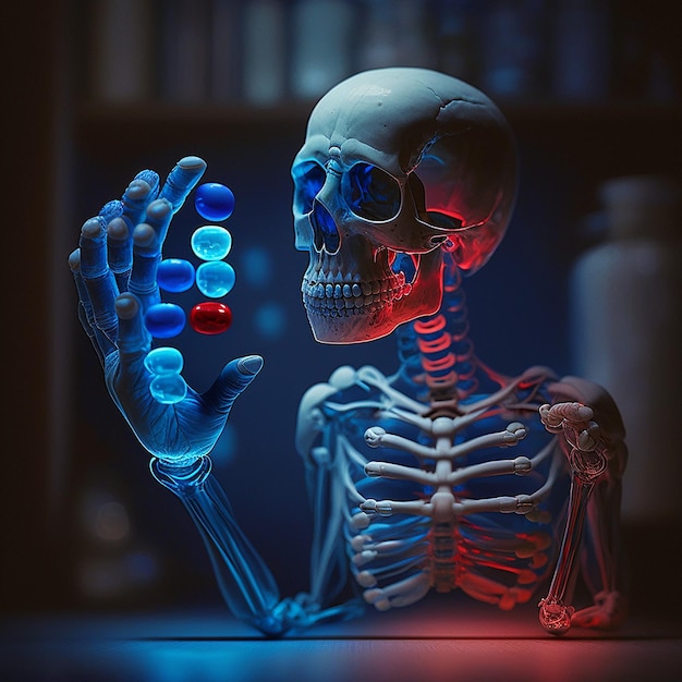 A skeleton is holding a red pill in front of a bookcase.