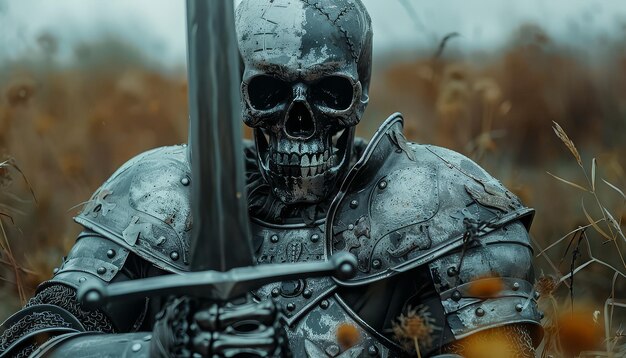 Photo a skeleton is holding a sword in a field