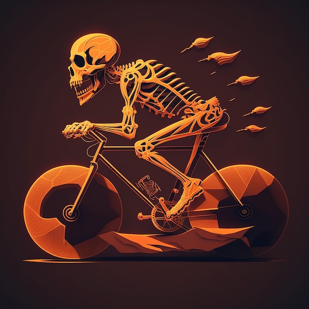 A skeleton is riding a bike with a yellow background.