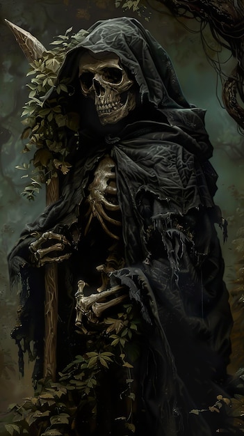 a skeleton is standing next to a tree with a skull on it