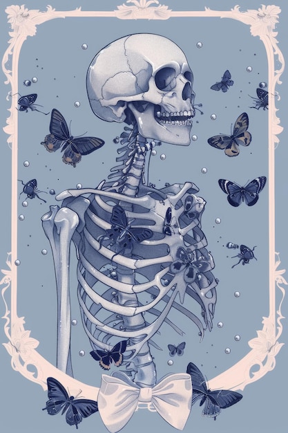 A skeleton is surrounded by butterflies and a bow