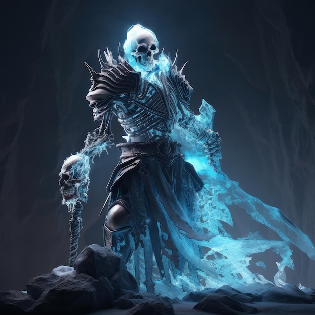 Skeleton knight standing in a dark and frozen crypt holding a weapon and emanating an evil presence