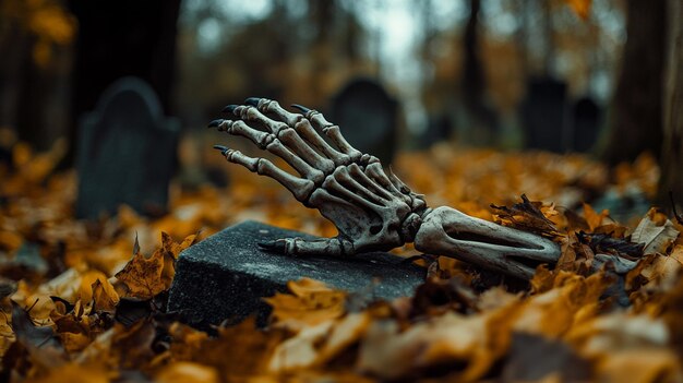 Photo a skeleton laying on a grave with the word hand on it