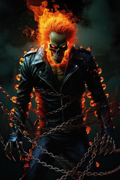 skeleton in a leather jacket on fire