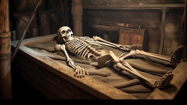 a skeleton lying on a bed