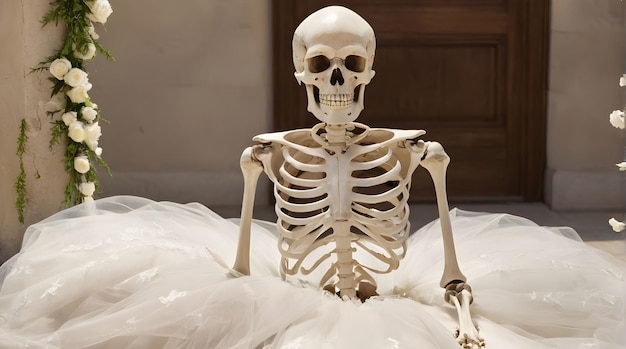 the skeleton of a man in a wedding dress