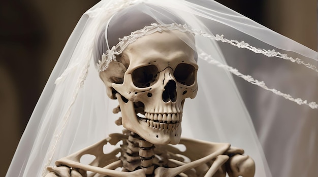 the skeleton of a man in a wedding veil