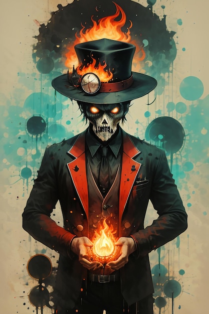 Skeleton monster magician performing fire magic in a magic hat decorated with roses