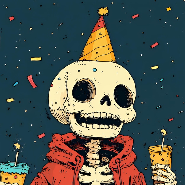 Skeleton Partying with Confetti and Birthday Cake