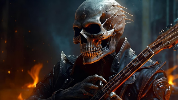 Skeleton playing guitar in front of dark background with flames and smoke Generative AI