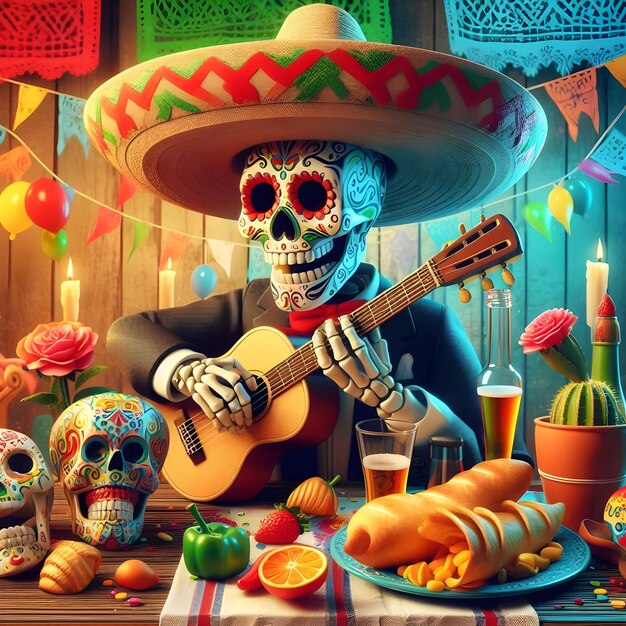 Photo a skeleton playing guitar and a skull with a mexican hat on it