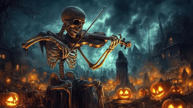 A skeleton playing a violin in a spooky graveyard with ghostly figures watching and glowing jackolanterns lighting the ground