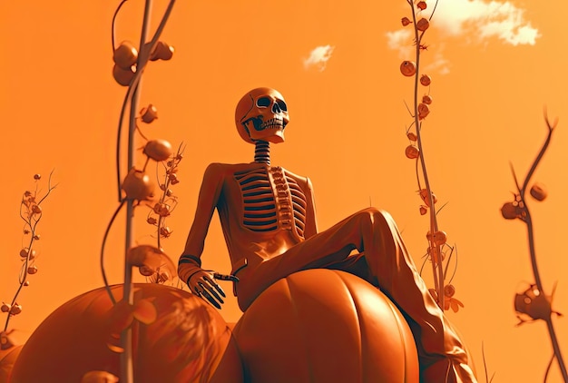 a skeleton and a pumpkin on an orange background