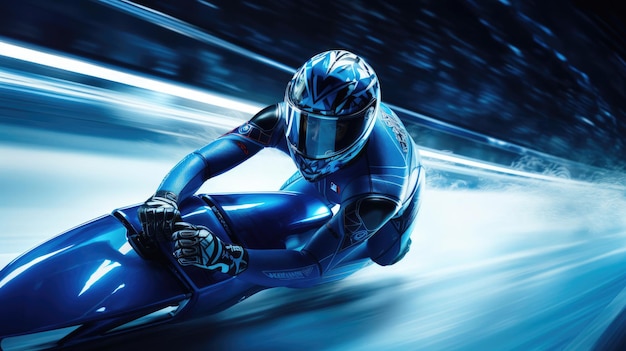 Skeleton racer leaning into sharp curve on icy track