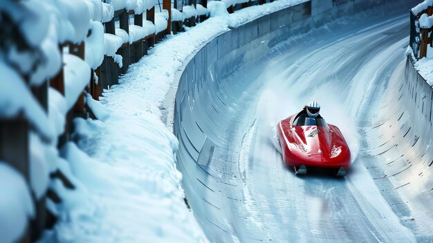 Photo a skeleton racer speeds down a icy track during a race