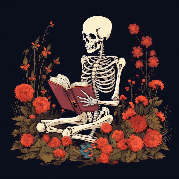 Skeleton Reading a Book Wildflowers Vector 2D Fla