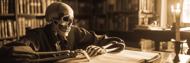 Skeleton Reading in a Dimly Lit Library A skeletal figure sits at a desk in a dimly lit library reading an old book The atmosphere is eerie and mysterious