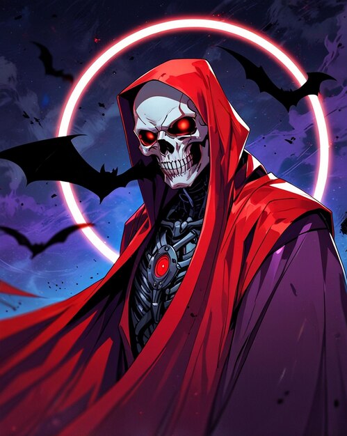 Photo a skeleton in a red cape stands in a purple circle with a pink circle in the background