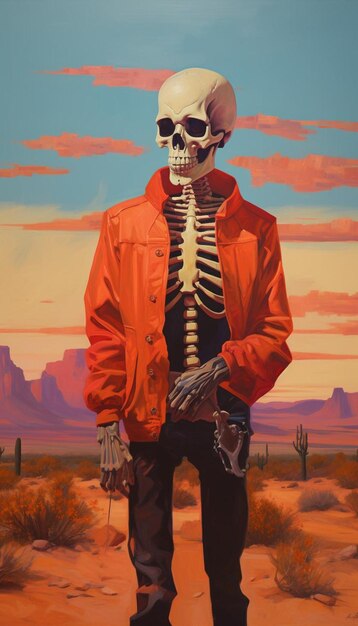 a skeleton in a red jacket stands in front of a sunset.