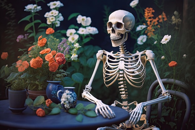 Skeleton relax and happily smiling sits on table among flowers