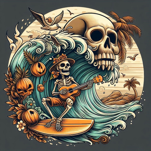 skeleton relaxing in font of beach skeleton illustration for tshirt design