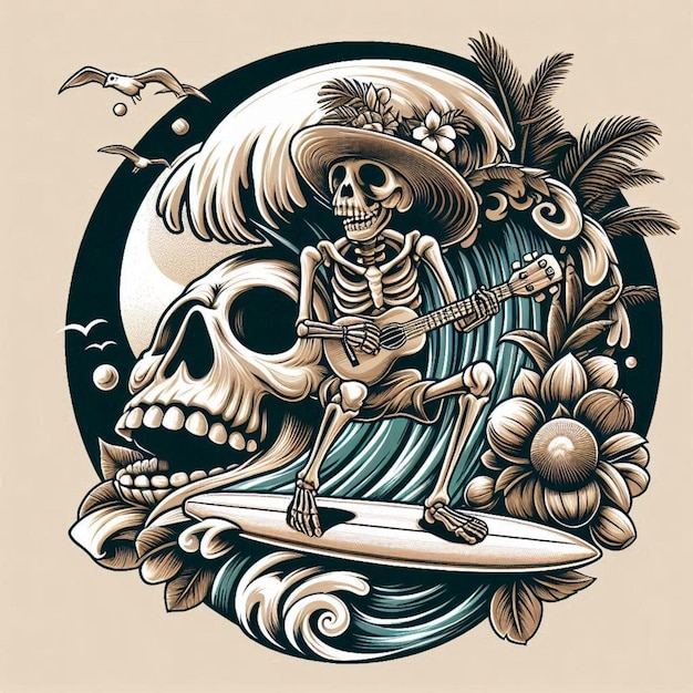 skeleton relaxing in font of beach skeleton illustration for tshirt design