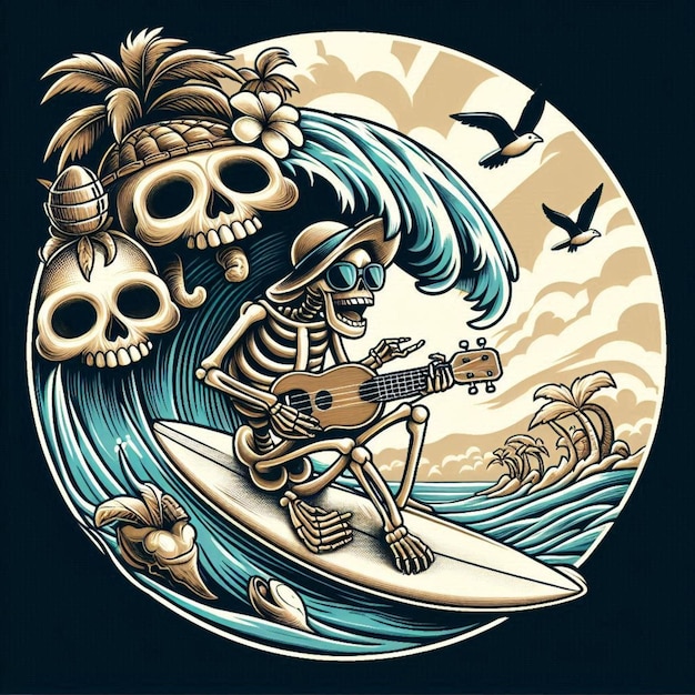 skeleton relaxing in font of beach skeleton illustration for tshirt design