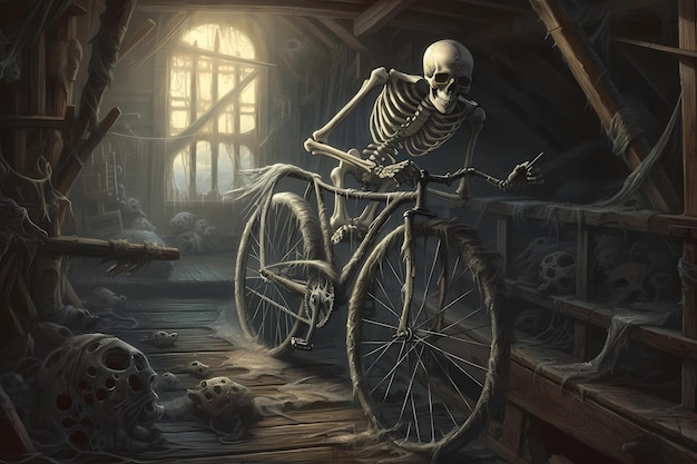 Skeleton riding a bicycle in attic digital art illustration