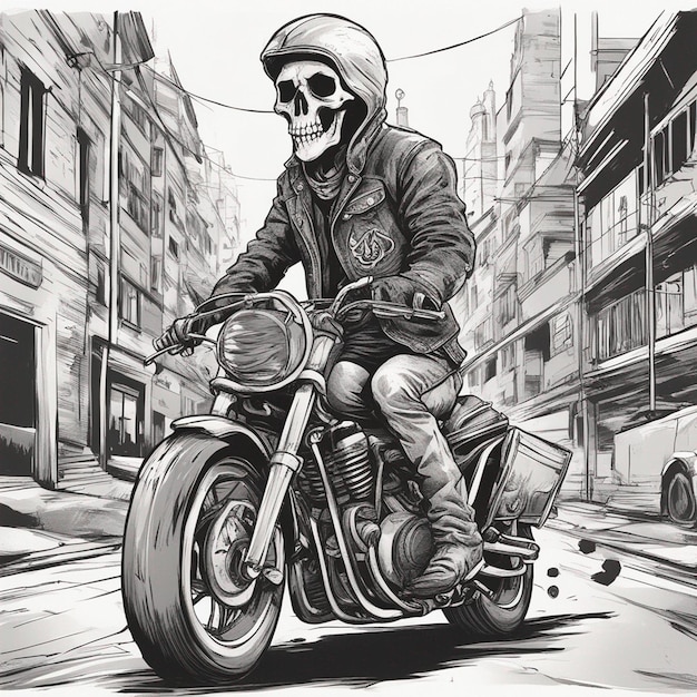 a skeleton riding a motorbike wearing a jacket and jeans with fire tshirt design vector ready