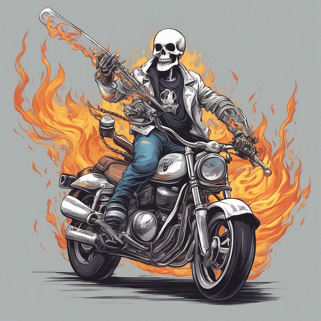 a skeleton riding a motorbike wearing a jacket and jeans with fire tshirt design vector ready