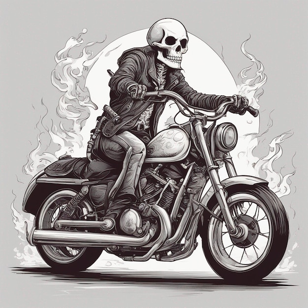 a skeleton riding a motorbike wearing a jacket and jeans with fire tshirt design vector ready