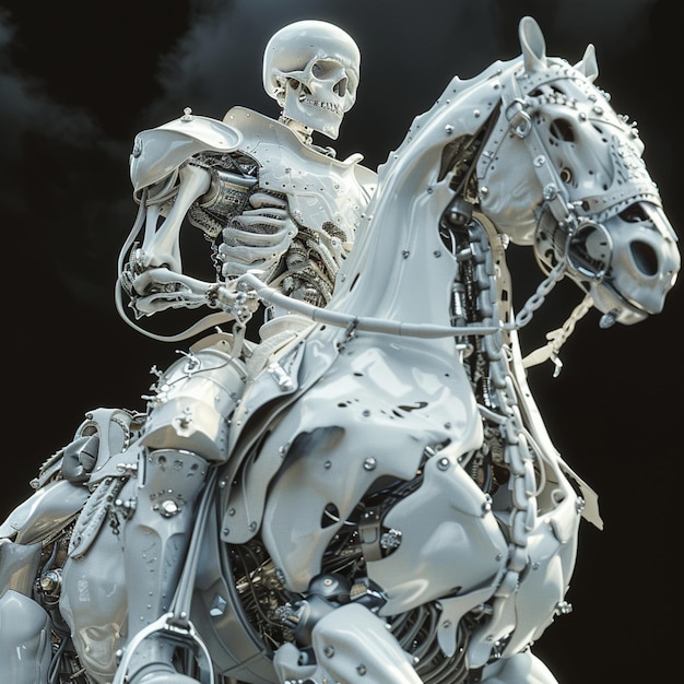 skeleton riding a white horse with a clock on the back generative ai