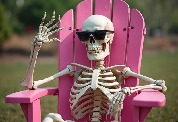 a skeleton setting up a chare with sunglass