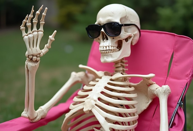 Photo a skeleton setting up a chare with sunglass