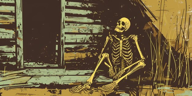 a skeleton sits in front of a door in a dark room