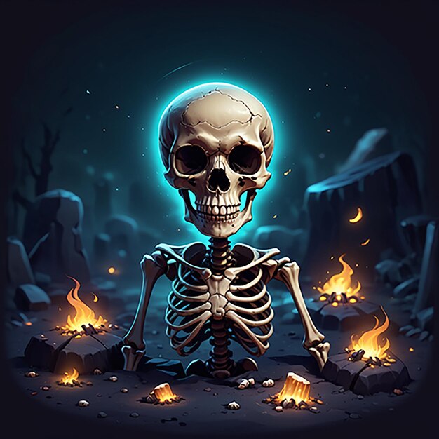 a skeleton sits in front of a fire with a blue light behind it